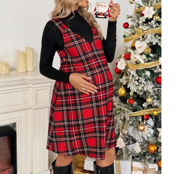Maternity Plaid Print Sleeveless Tank Holiday Mini Dress - Picture 1 of 5